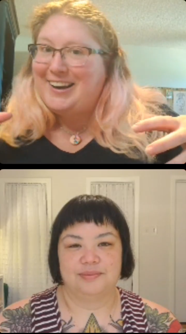 A screenshot of Laura and Lindley talking on video about the Exhale Retreat, a body-positive PNW retreat outside Seattle, WA.